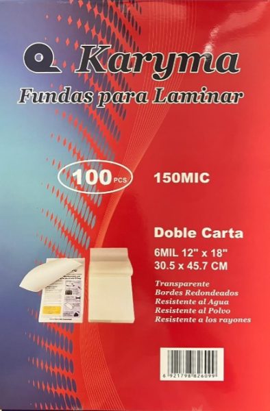 150DC. Lamina 150 Micras Doble Carta Karyma (30.5 x 45.7cm) 6Mil (100)