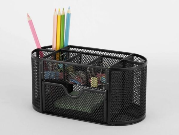 7085. Organizador de Escritorio Malla Grande con Porta Lápiz, Memo, Clips. Ovalado 22x11x10 cm Karyma