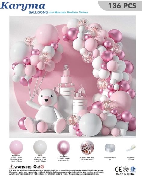 1042. Set de Globos Bebe Niña Blanco/Rosado(136 pcs)
