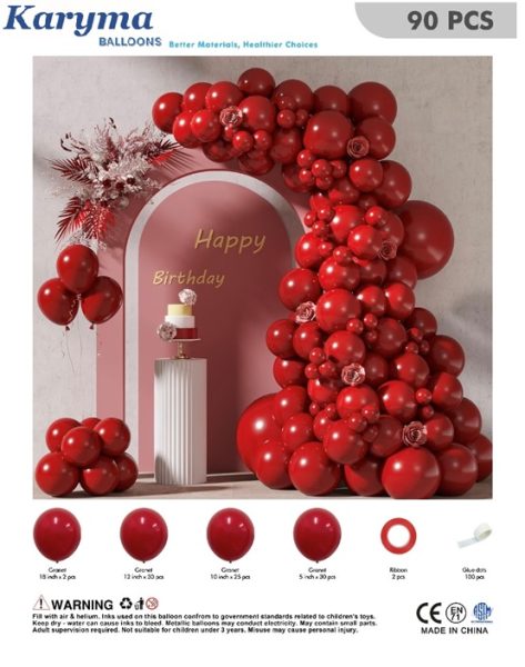 1172. Set de Globos Rojo Oscuro Happy Birthday (90 pcs)