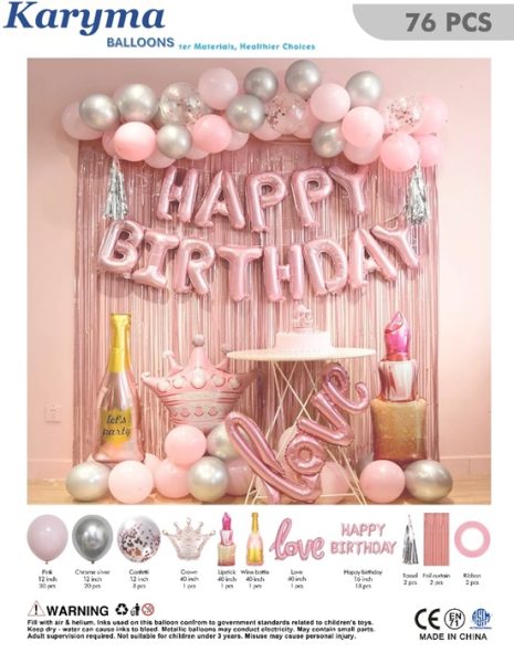 1219. Set de Globos Happy Birthday Mujer Rosado (76pcs)