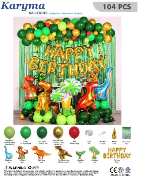 1233. Set de Globos Happy Birthday Niño Dinosaurios (104 pcs)